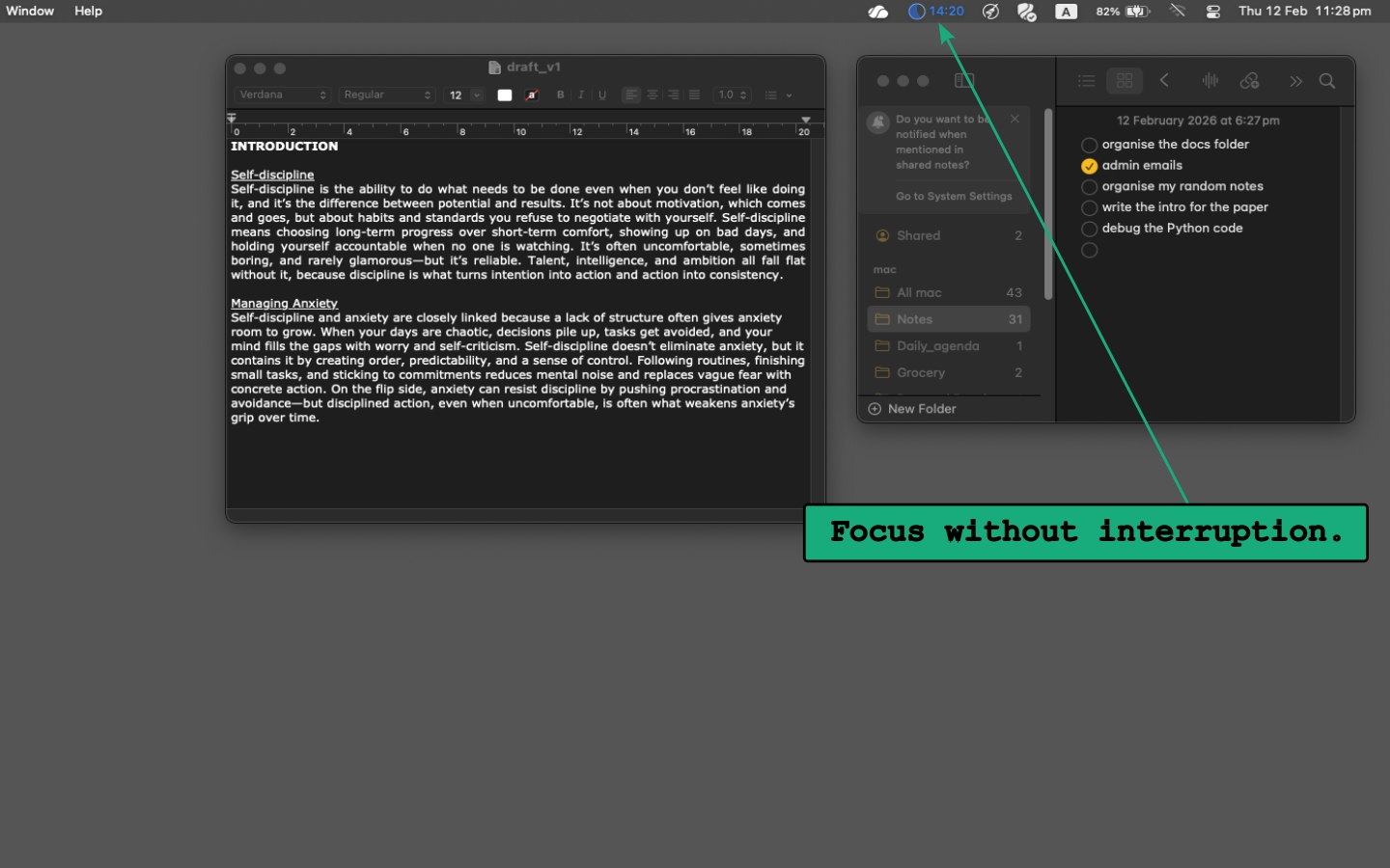 ziPomo timer in the menu bar